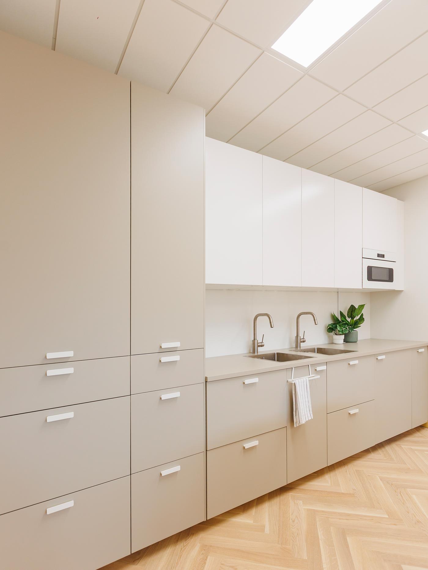 Side view of the minimalist studio kitchen, showing beige cabinetry, twin sinks and a small potted plant on the counter.