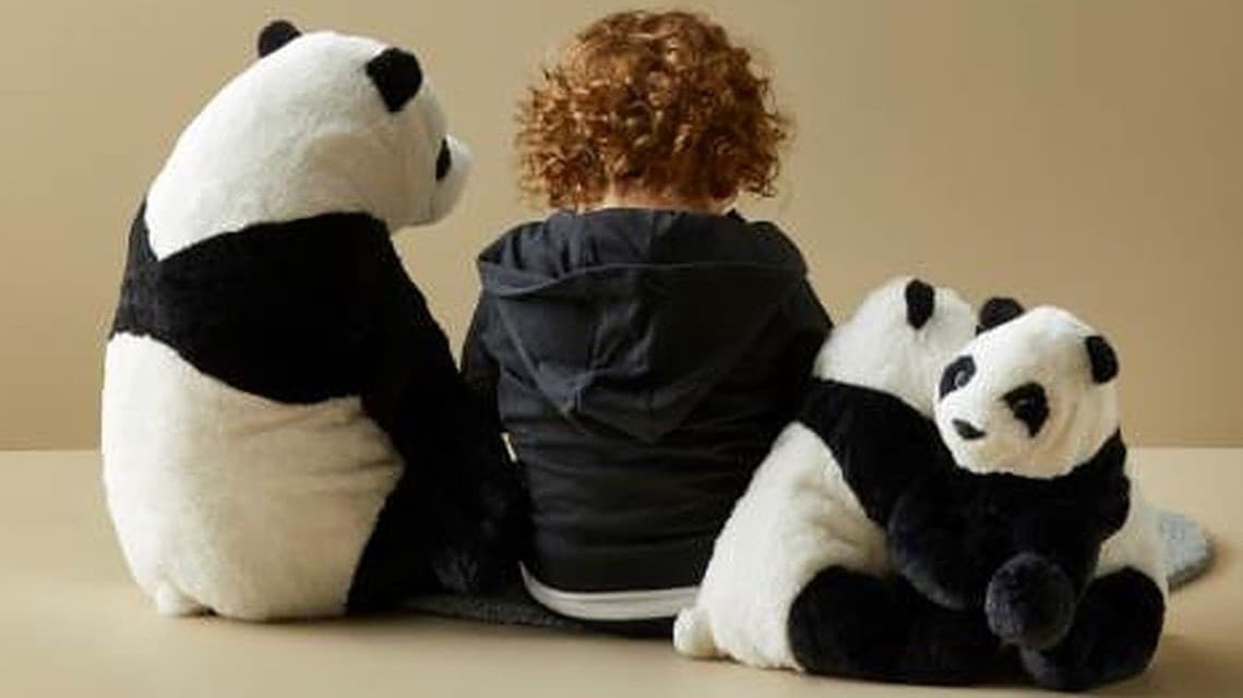 Siedzące dziecko, obok którego po prawej siedzi duży, pluszowy miś, a po lewej dwa małe.