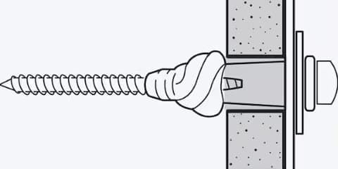 Į sieną, pagamintą iš, pavyzdžiui, gipso kartono, įsukto sieninio kaiščio viduje esančio varžto eskizas.