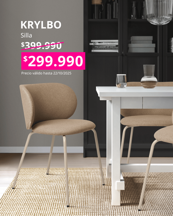 Silla beige KRYLBO junto a mesa blanca sobre alfombra beige.