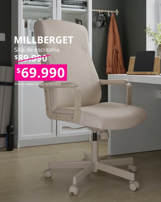 Silla de escritorio beige MILLBERGET con precio en cuadrado fucsia
