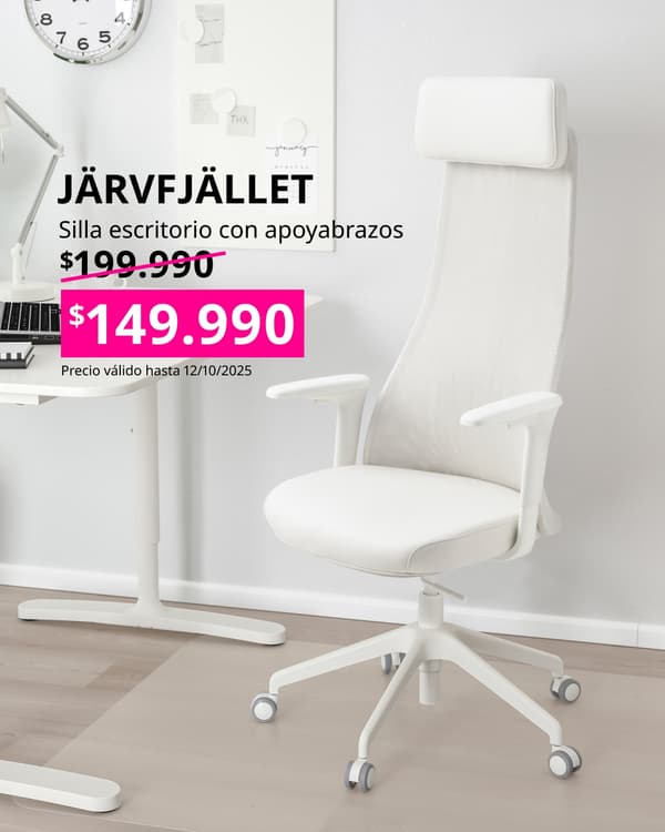 Silla de escritorio blanca con precio en cuadrado fucsia