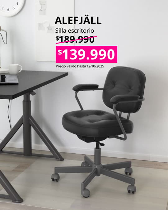 Silla de escritorio negra ALEFJALL con precio en cuadrado fucsia