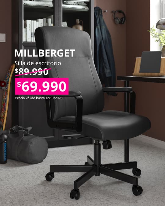 Silla de escritorio negra MILLBERGET con precio en cuadrado fucsia
