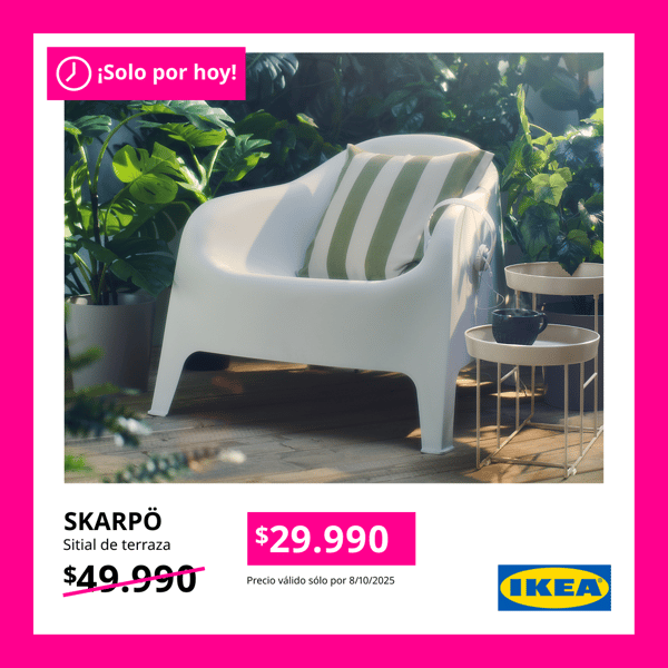 Silla de exterior SKARPO blanca con precio activado en fucsia