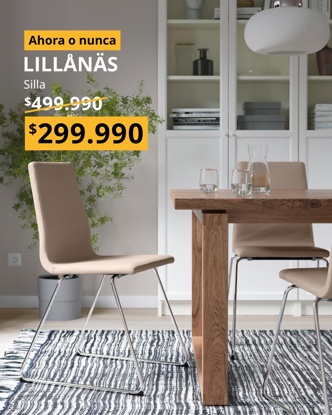 Silla LILLÅNÄS con estructura cromada y tapizado GRANN color beige, de estilo moderno y elegante.