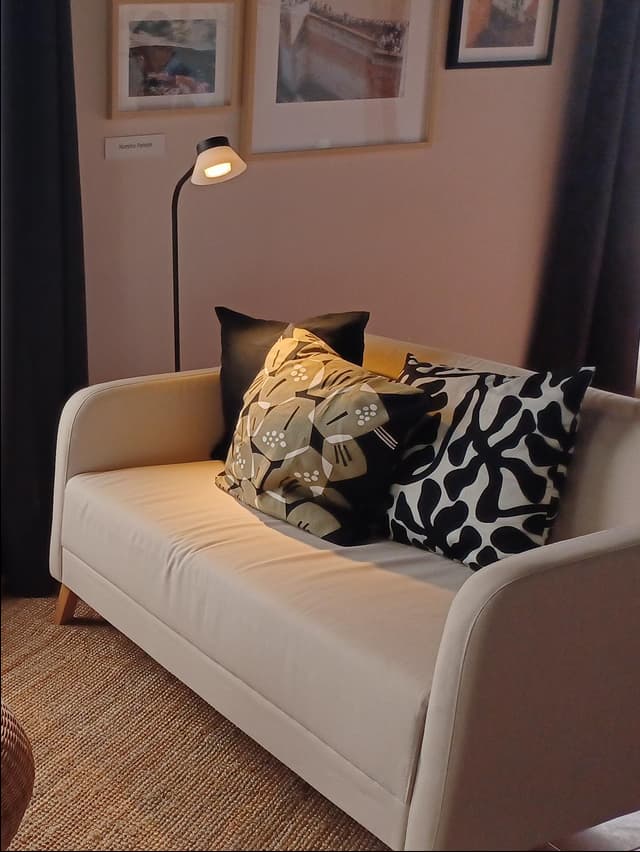 Sillón con cojines y una lámpara de lectura a su lado.