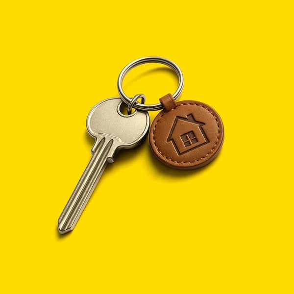 Silvernyckel med brun lädernyckelring med husikon, mot gul bakgrund.