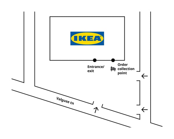 Simple site map showing the IKEA store near Valguse tn, with marked entrance/exit and order collection point, including directional arrows for vehicle access.
