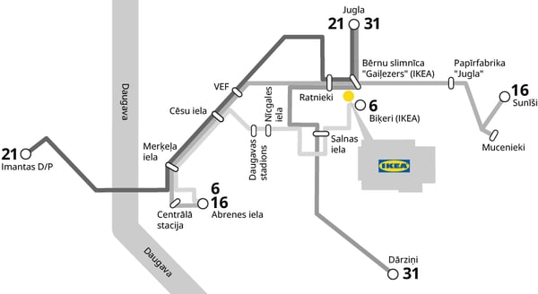 Simplified public transport map showing routes and stops to reach IKEA in Riga, Latvia. Bus and trolleybus lines 6, 16, 21, and 31 connect to various stops including Centrālā stacija, Abrenes iela, Salnas iela, and Biķeri (IKEA), with IKEA marked as a large building on the map.