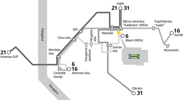 Simplified public transport map showing routes and stops to reach IKEA in Riga, Latvia. Bus and trolleybus lines 6, 16, 21, and 31 connect to various stops including Centrālā stacija, Abrenes iela, Salnas iela, and Biķeri (IKEA), with IKEA marked as a large building on the map.