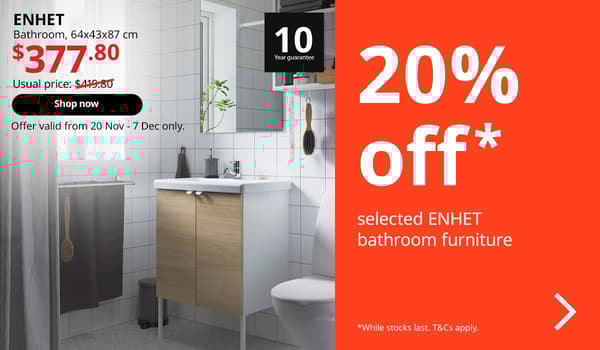Singapore bathroom featuring ENHET bathroom combination, white/oak effect, 64x43x87 cm. Usual price $419.80, offer price $377.80