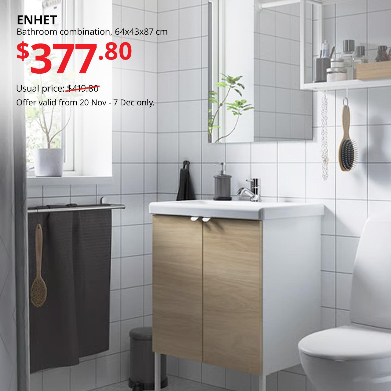 Singapore bathroom featuring ENHET bathroom combination, white/oak effect, 64x43x87 cm. Usual price $419.80, offer price $377.80