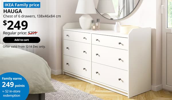 Singapore bedroom features HAUGA chest of 6 drawers, white. Offer price: $249.  12.12 IKEA SALE, 12.12 IKEA Singapore