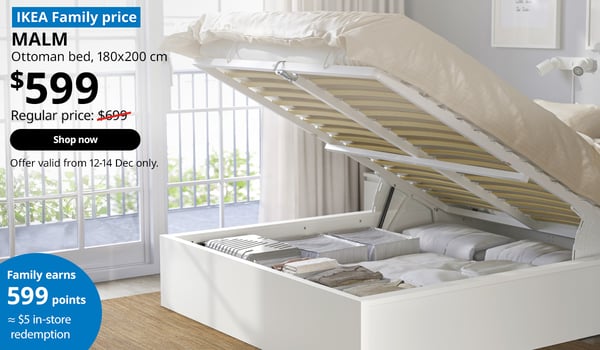 Singapore bedroom features king-sized MALM Ottoman bed, white, 180x200 cm. Offer price: $599.  12.12 IKEA SALE, 12.12 IKEA Singapore