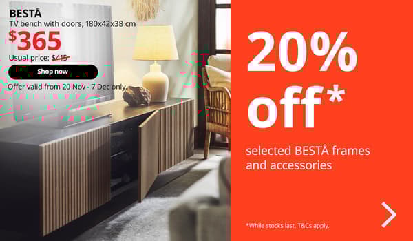 Singapore living room features BESTÅ TV bench with doors, black-brown Björköviken/brown stained oak veneer, 180x42x38 cm. Usual price $415, offer price $365.