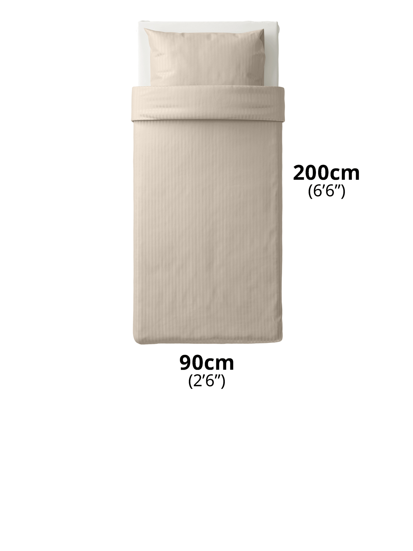 Single size mattress with NATTJASMIN duvet cover and pillow case. Text sizes say "200cm (6'6") and 90cm (2'6").