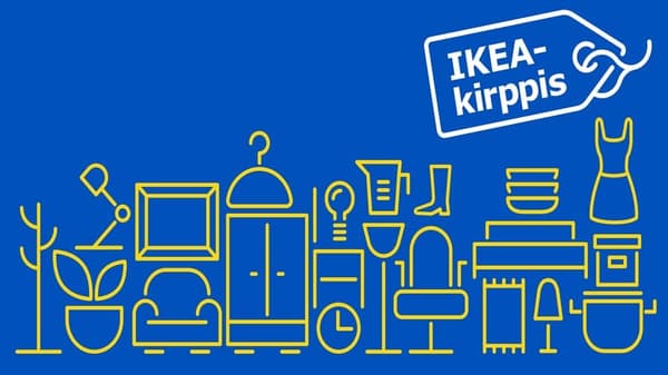 Sinisellä pohjalla näkyy keltaisia kuvioita, jotka esittävät erilaisia tavaroita IKEA-kirppiksellä.