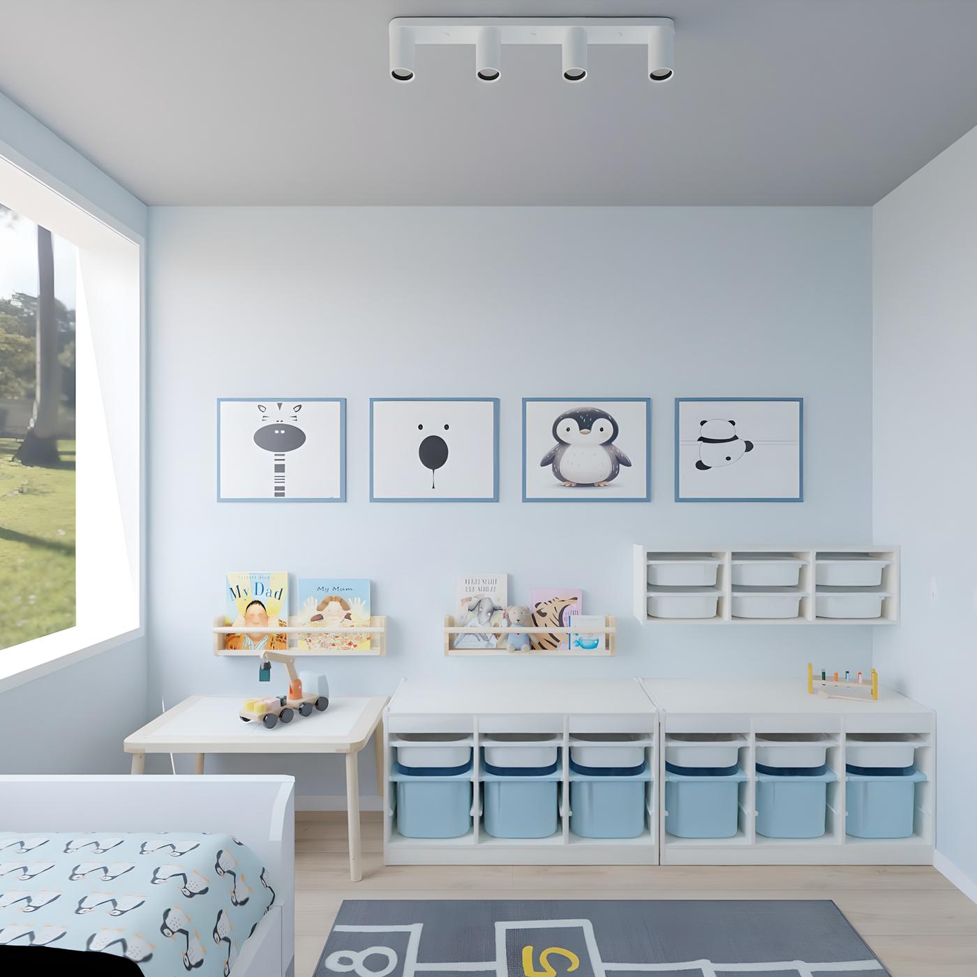 Sistem za shranjevanje v modri barvi in postelja