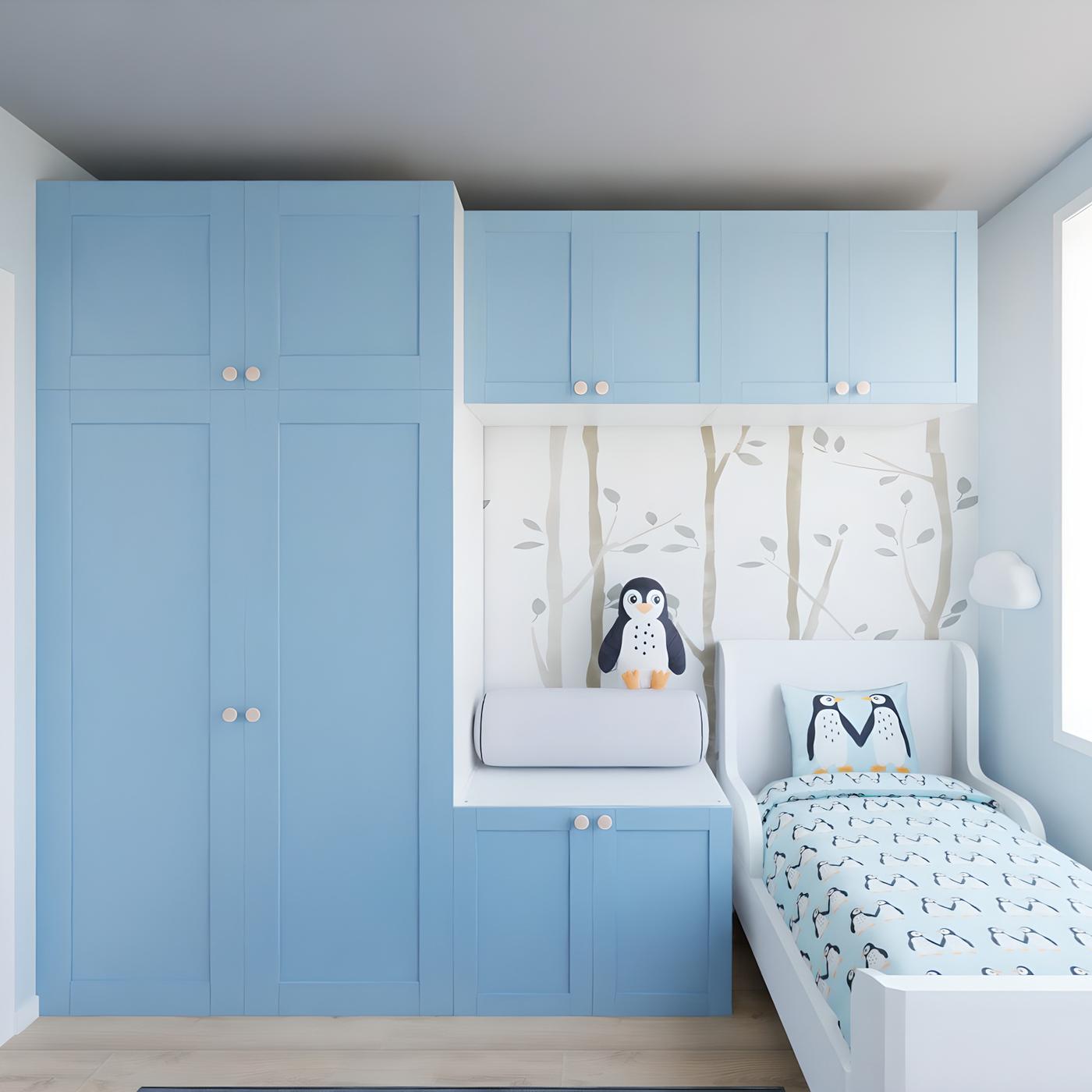 Sistem za shranjevanje v modri barvi in postelja