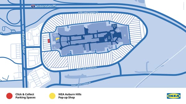 Site map of Great Lakes Crossing Outlets highlighting the location of the IKEA Auburn Hills Pop-up shop Click & Collect parting spots.