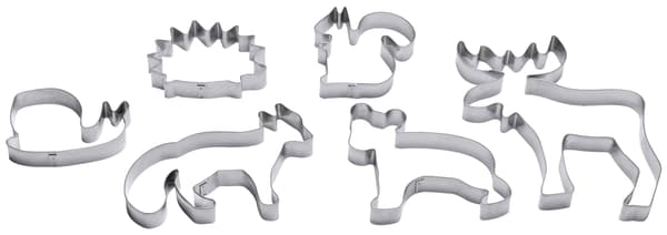 Six silver animal-shaped pastry cutters.