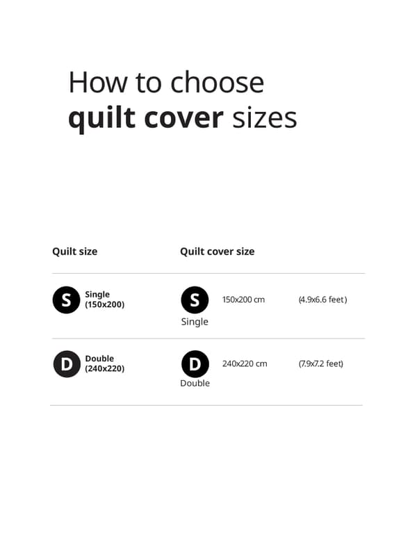 Sizing guide for quilt covers