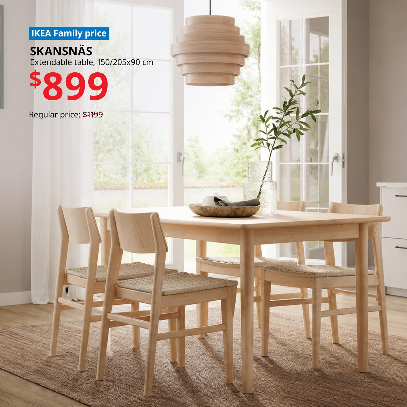 SKANSNÄS extendable dining table in natural wood, 150/205x90 cm, styled with matching dining chairs in a bright Scandinavian dining room. IKEA Family price $899, reduced from $1,199.