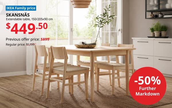 SKANSNÄS extendable dining table, now $449.50 with an extra 50% markdown during the final 3 days of the IKEA Swedish Midsommar Sale.