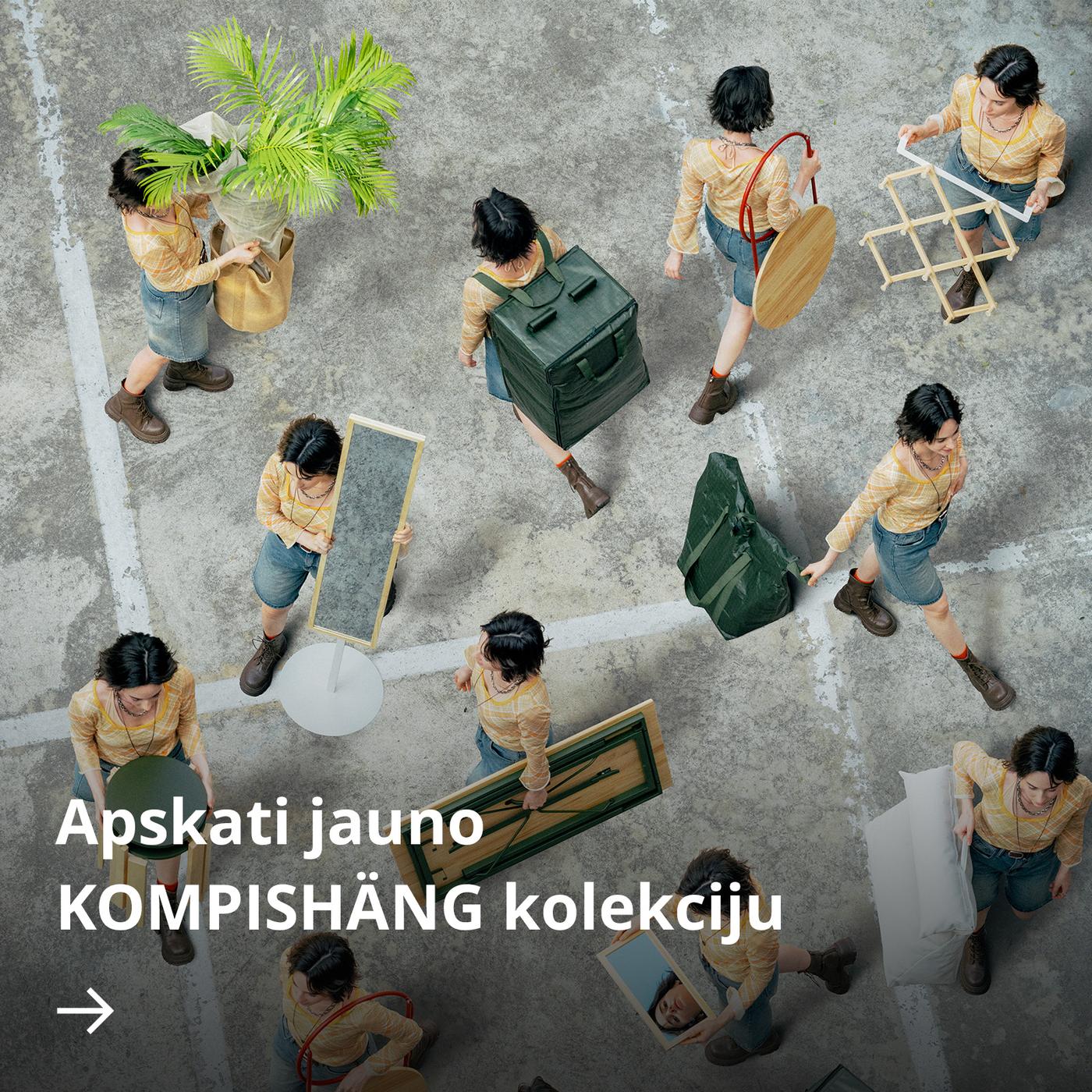 Skats no augšas uz cilvēku grupu, kas dodas dažādos virzienos, nesot KOMPISHÄNG kolekcijas priekšmetus.