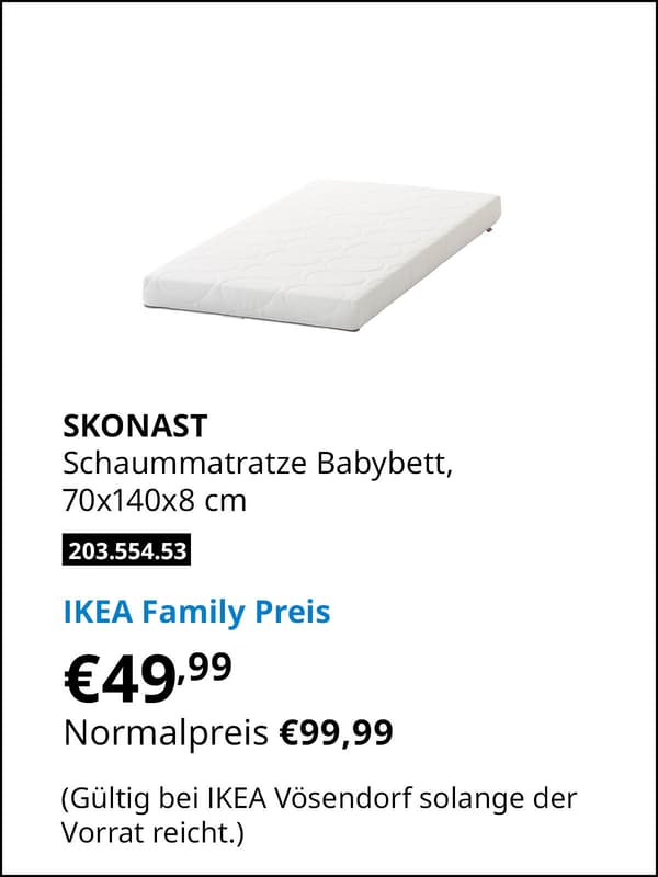 SKÖNAST Schaummatratze Babybett, 70x140x8 cm statt € 99,99 zum IKEA Family Preis von € 49,99