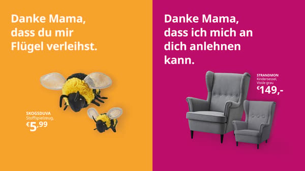 SKOGSDUVA Hummel auf orangem Hintergrund mit Text. STRANDMON Sessel auf pinkem Hintergrund mit Text.