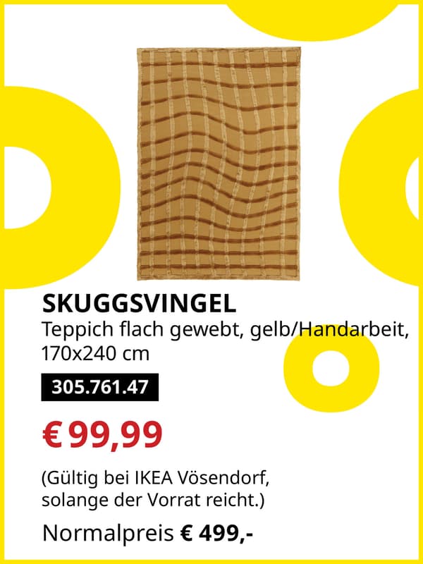 SKUGGSVINGEL Teppich flach gewebt, gelb/Handarbeit 170x240cm statt € 499,- zum IKEA Frühlingsangebots-Preis von € 99,99