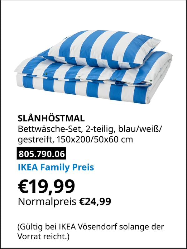 SLÅNHÖSTMAL Bettwäsche-Set, 2-teilig, blau/weiß/gestreift, 150x200/50x60 cm statt € 24,99 zum IKEA Family Preis von € 19,99