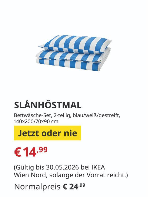 SLANHÖSTMAL
Bettwäsche-Set, 2-teilig, blau/weiß/gestreift, 
140x200/70x90 cm
€14,99 statt €24,99