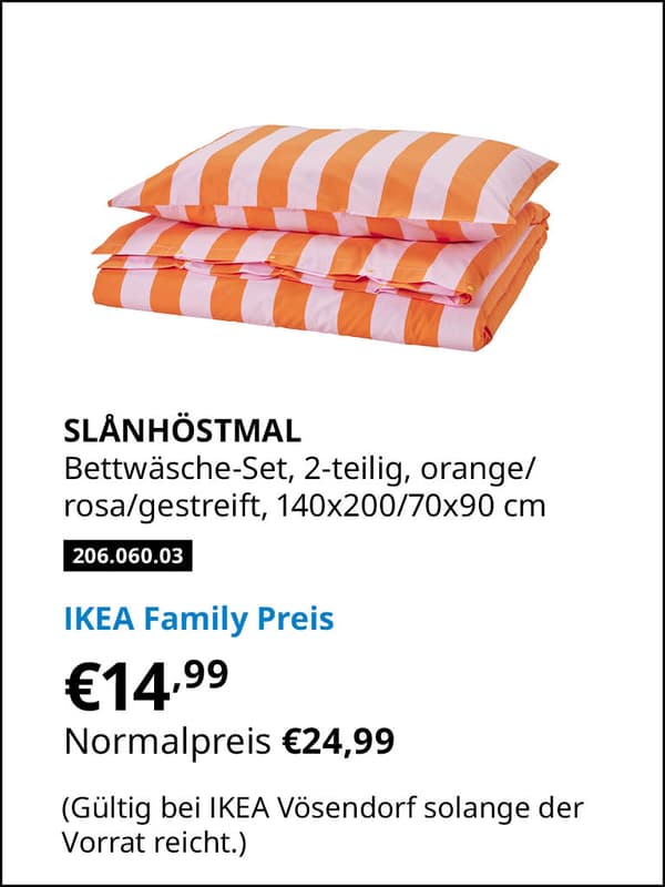 SLANHÖSTMAL Bettwäsche-Set, 2-teilig, orange/ rosa/gestreift, 140x200/70x90 cm Artikelnummer 206.060.03 statt € 24,99 zum IKEA Family Preis von € 14,99 