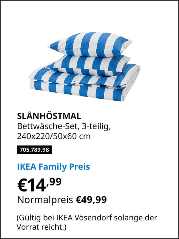 SLÅNHÖSTMAL Bettwäsche-Set, 3-teilig, blau/weiß/gestreift, 240x220/50x60 cm Artikelnummer 705.789.98 statt € 49,99 zum IKEA Family Preis von € 14,99 