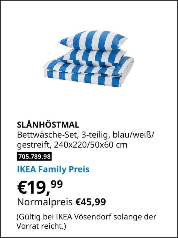 SLANHÖSTMAL Bettwäsche Set 3-teilig, blau/weiß gestreift statt € 45,99 zum IKEA Family Preis von € 19,99