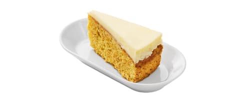 Slice of carrot cake with cream cheese frosting, served on a white oval plate.
