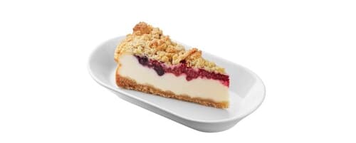 Slice of cheesecake with berries and crumble, served on a white oval plate.