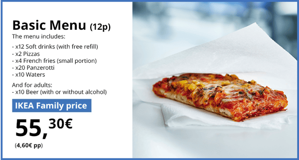 Slice of hot pizza with melted cheese on white paper, alongside the description of the Basic Menu for 12 people from IKEA Family.