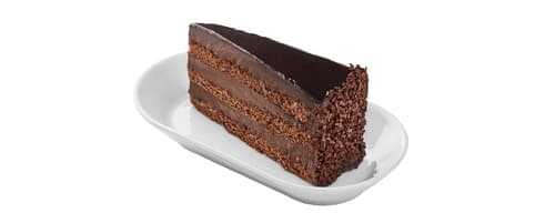 Slice of layered chocolate cake, served on a white oval plate.