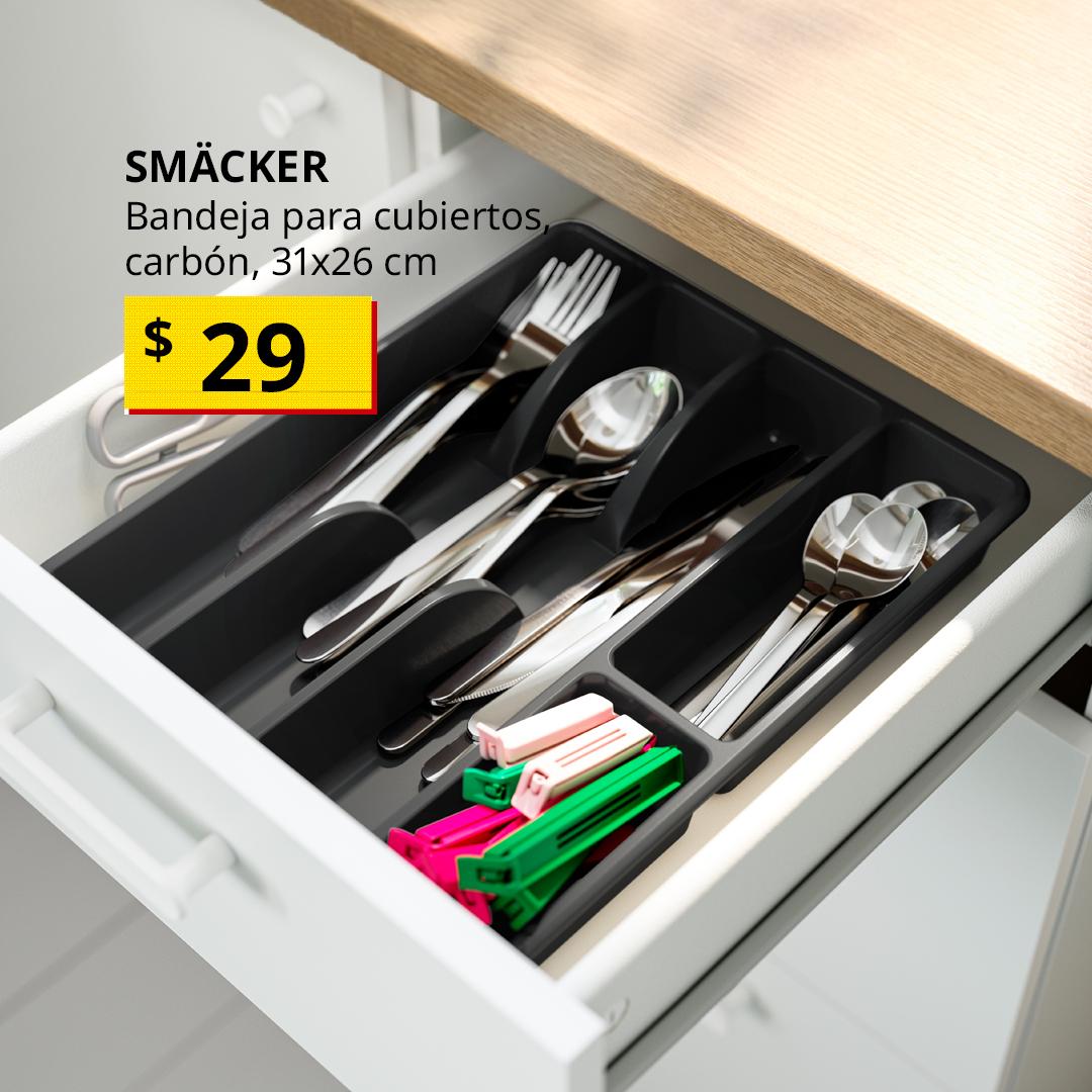 SMÄCKER bandeja para cubiertos color carbón 31x26 cm, diseño práctico y resistente para organizar cuchillos, tenedores y cucharas en la cocina; ideal para mantener orden y aprovechar espacio en cajones modernos.