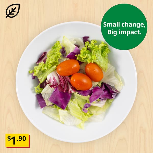 Small green salad with locally grown kale, arugula, oak leaf lettuce and cherry tomato with citrus dressing. Breathtaking item price: $1.90. Plant food symbol at top left corner.