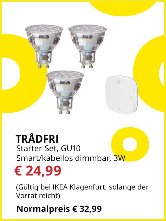 Smart Home Starter-Set Trådfri, kabellos mit Fernbedienung dimmbar,  3 Stk. GU10, 3W, statt € 32,99 um € 24,99.