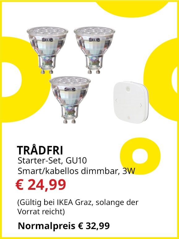 Smart Home Starter-Set Trådfri, kabellos mit Fernbedienung dimmbar,  3 Stk.,  GU10 Fassung, 3W, statt € 32,99 um € 24,99.