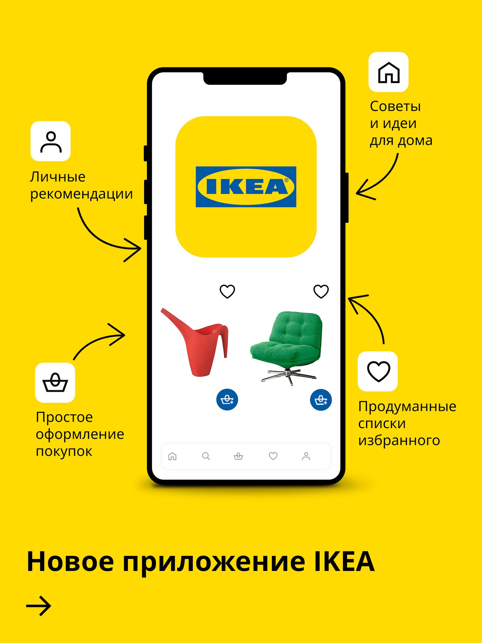 Смартфон с иконкой приложения IKEA на экране (красная лейка и зелёное кресло) на ярко-жёлтом фоне. Рядом четыре стрелки с текстами: «Более удобные покупки в несколько кликов», «Более умные списки любимых товаров», «Персональные рекомендации», «Дополнительные советы и идеи для дома».