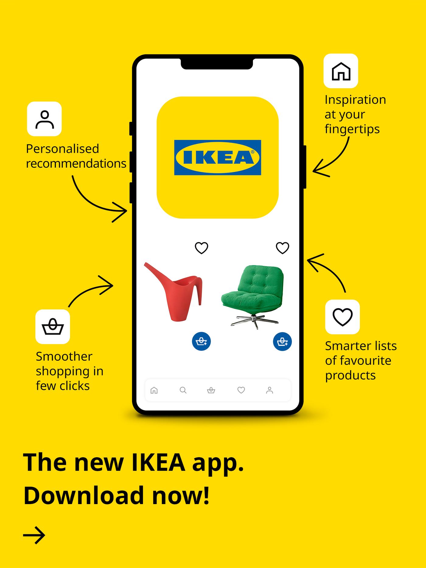 Smartphone displaying the IKEA app icon, a red watering can and a green armchair on screen, set against a bright yellow background, alongside four arrows with texts: Smoother shopping in few clicks, Smarter lists of favourite products, Personalised recommendations, Inspiration at your fingertips.