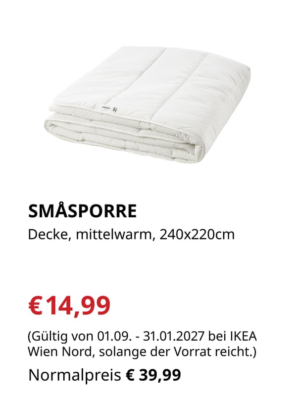 SMASPORRE
Decke, mittelwarm, 240x220cm

€14,99 statt €39,99
