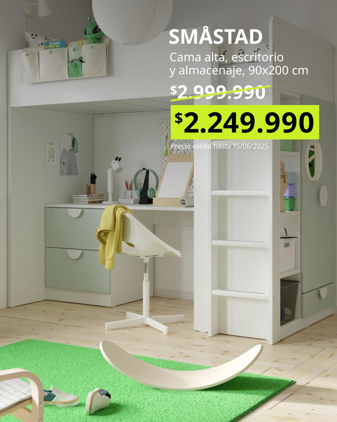 SMÅSTAD cama alta 90x200 con escritorio y almacenaje blanca solución compacta multifuncional